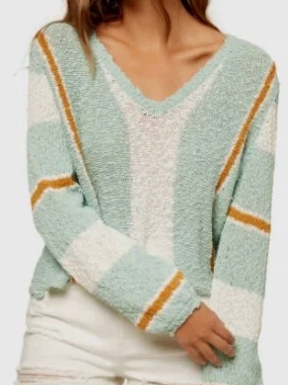 O'Neill Mint, Cream & Mustard V-Neck Striped Sweater